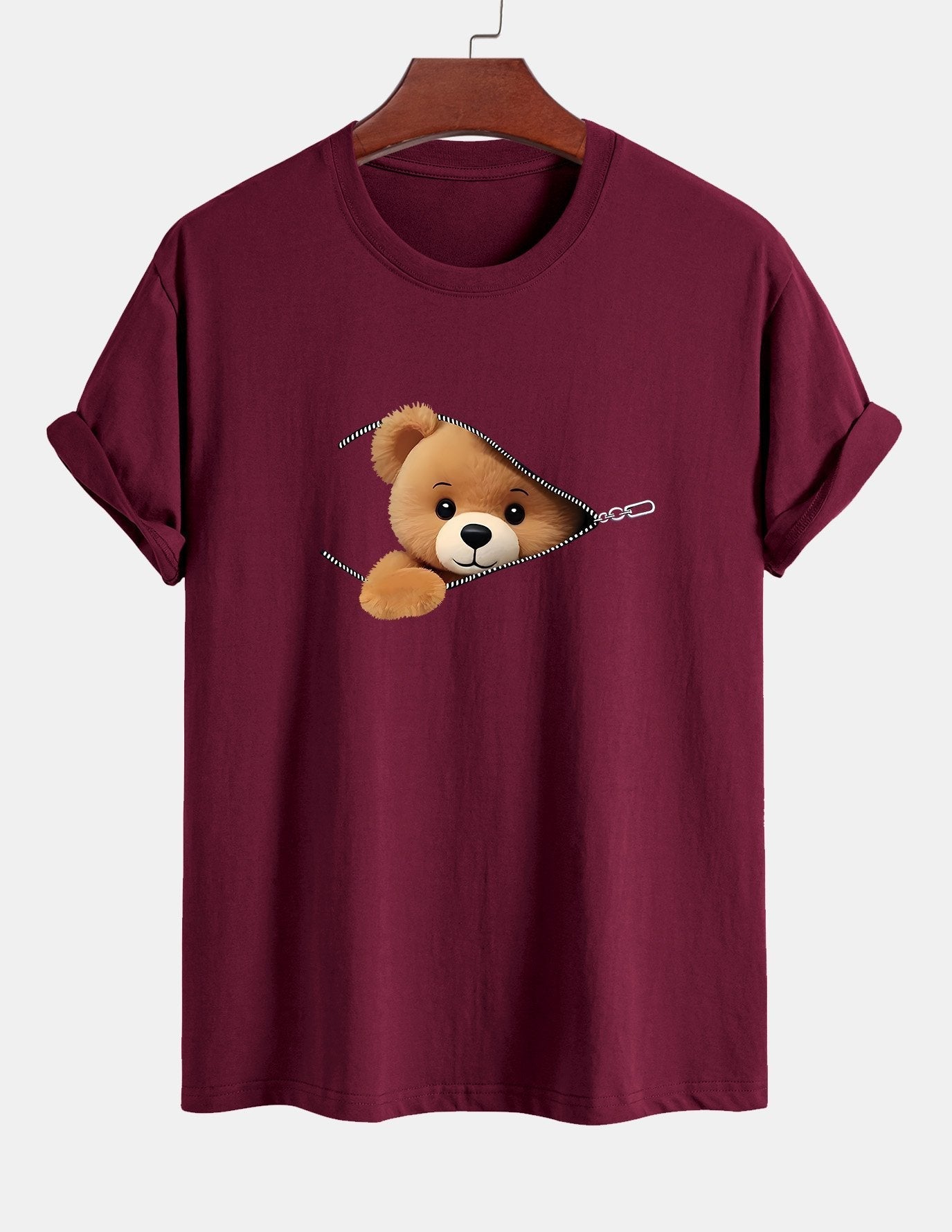 Klassiek katoenen T-shirt met ritssluiting en berenprint.