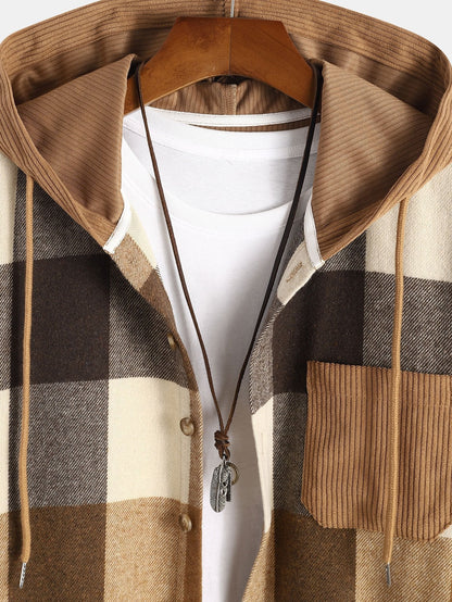 Comfortabele geruite flanellen hoodie met corduroy patchwork