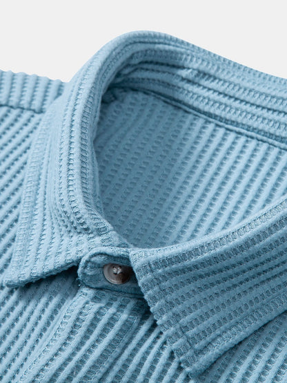 Waffle Knit Button-Up Shirt & Drawstring Waffle Shorts Set