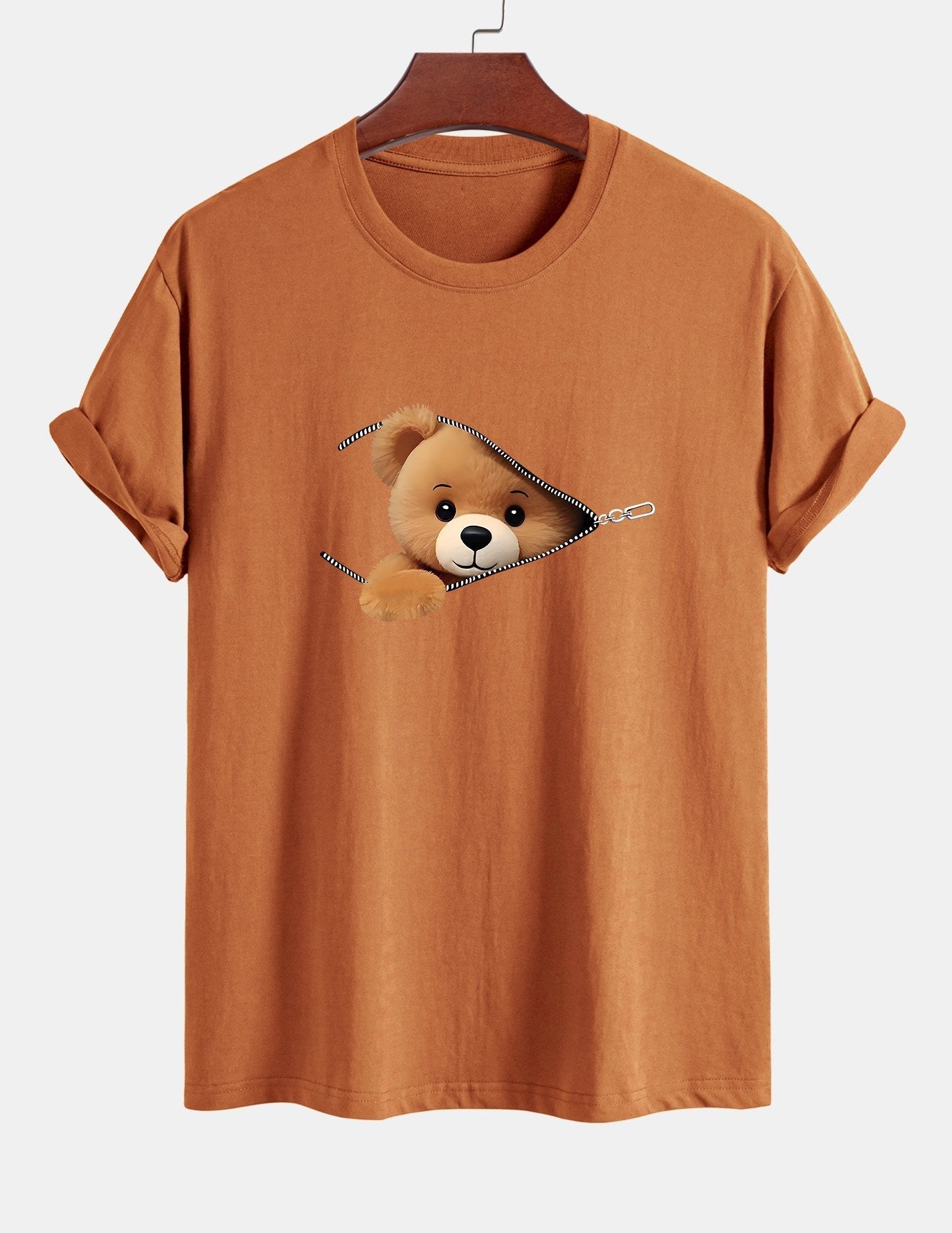 Klassiek katoenen T-shirt met ritssluiting en berenprint.